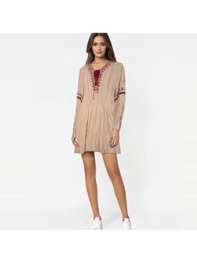 Entro Womens Embroidered Dress Size Medium Tan Red Stitching Cinch Waist